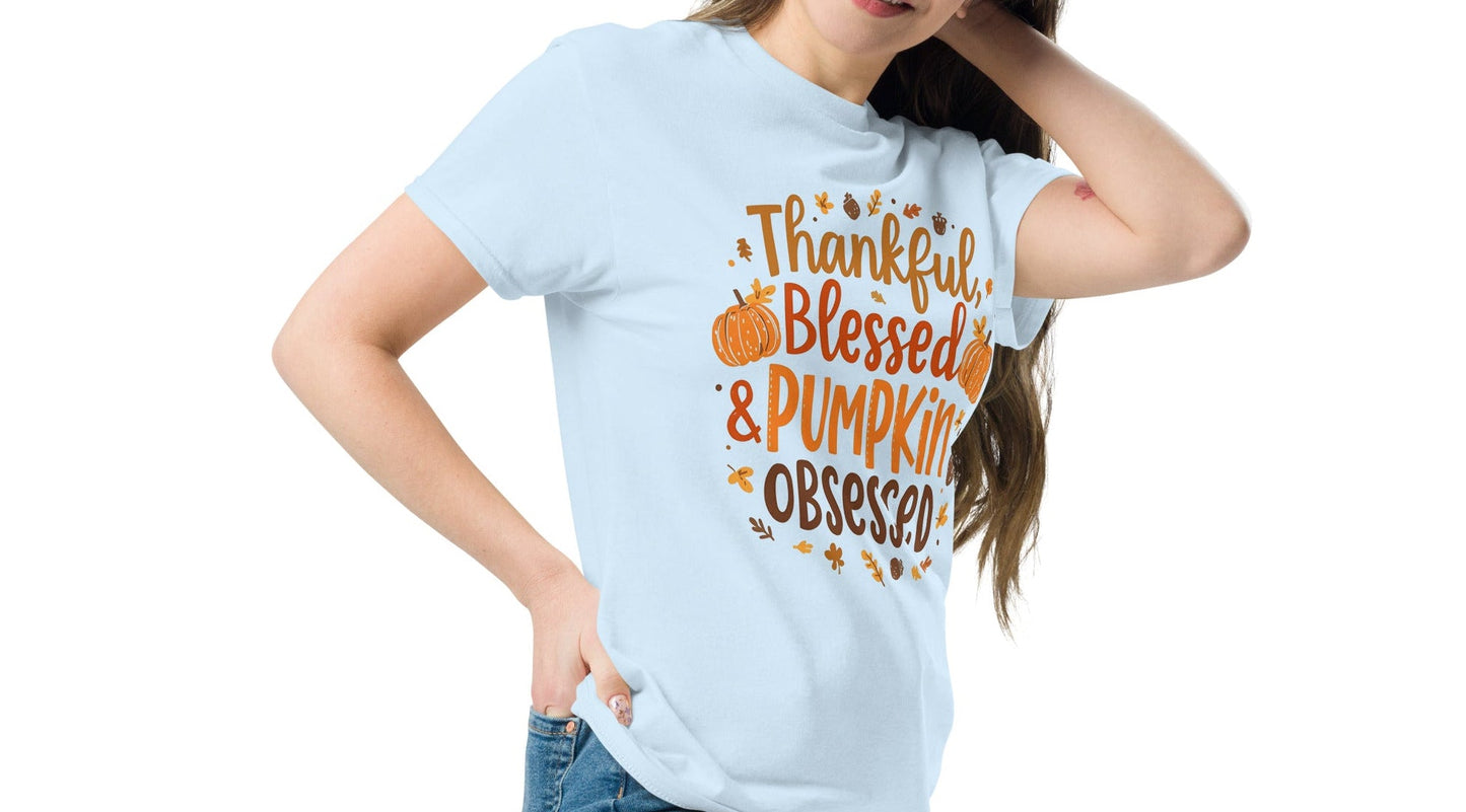 Thankful, Blessed & Pumpkin Obsessed Tee – Fall Faith Graphic Shirt - SheWalksInFaith