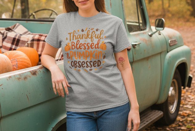 Thankful, Blessed & Pumpkin Obsessed Tee – Fall Faith Graphic Shirt - SheWalksInFaith