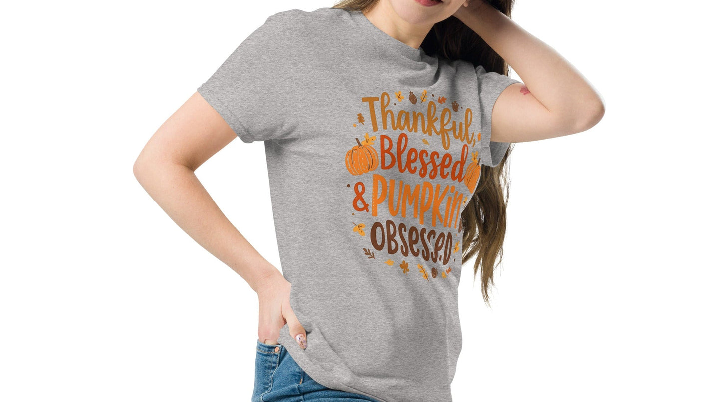 Thankful, Blessed & Pumpkin Obsessed Tee – Fall Faith Graphic Shirt - SheWalksInFaith