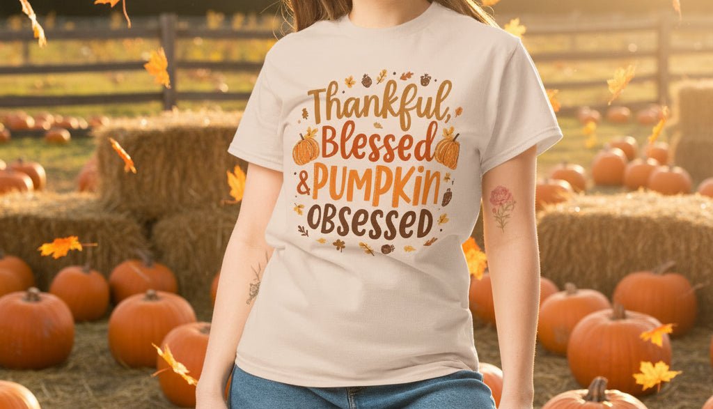 Thankful, Blessed & Pumpkin Obsessed Tee – Fall Faith Graphic Shirt - SheWalksInFaith