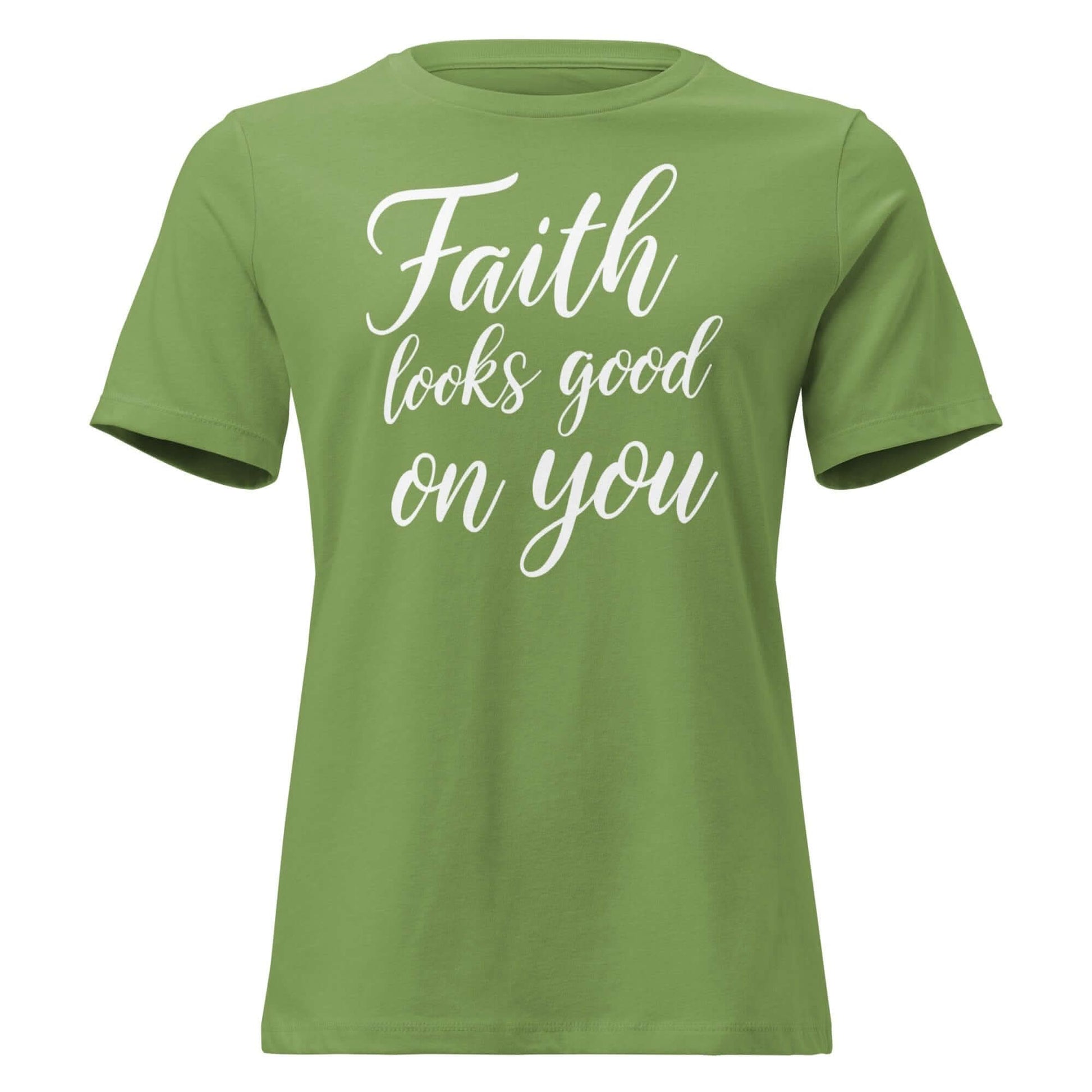 Faith Looks Good on You Tee in pink with white cursive lettering promoting faith and style.