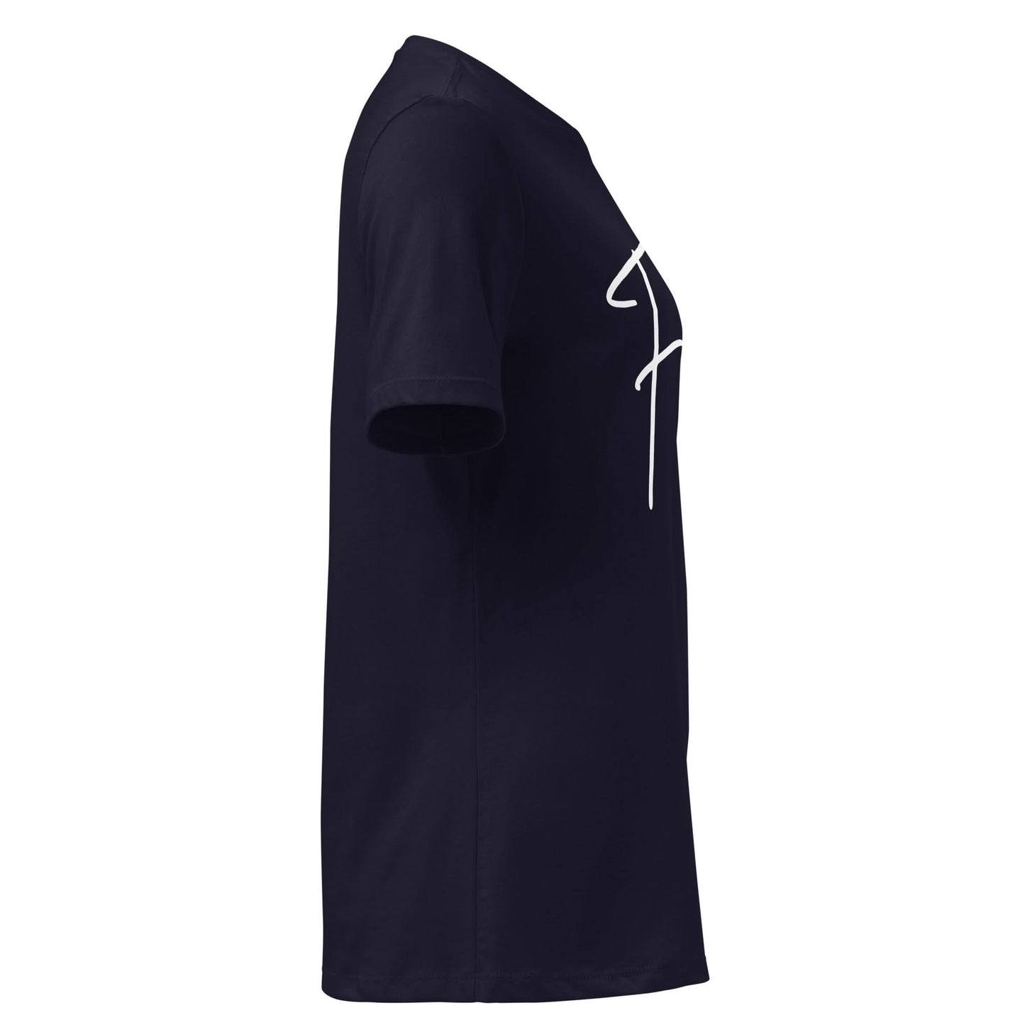 Faith tee in navy blue featuring cursive lettering design, ideal for casual outings and spiritual gatherings.