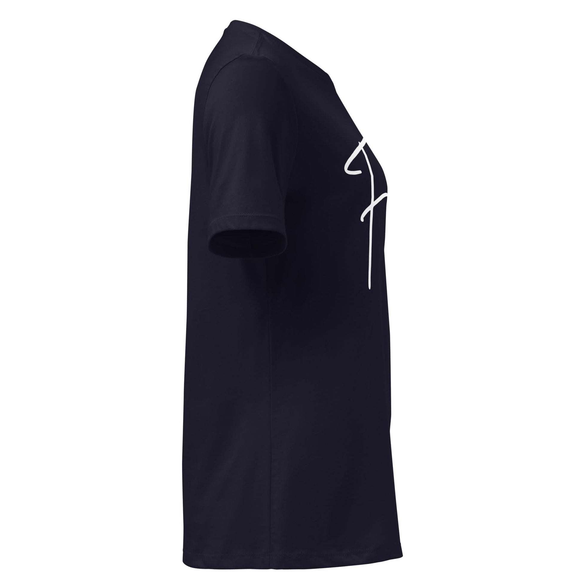 Faith tee in navy blue featuring cursive lettering design, ideal for casual outings and spiritual gatherings.
