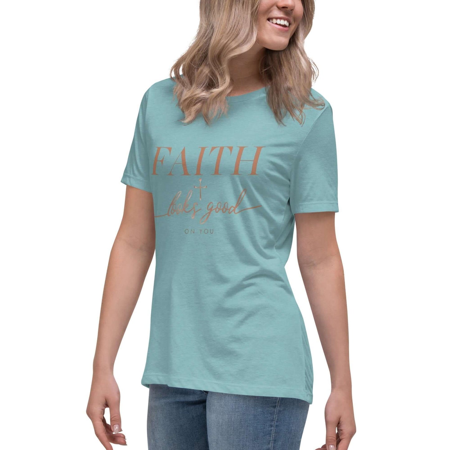 Faith looks good on you tee in Blue Lagoon color, featuring inspiring text and a modern design. Perfect for casual wear.
