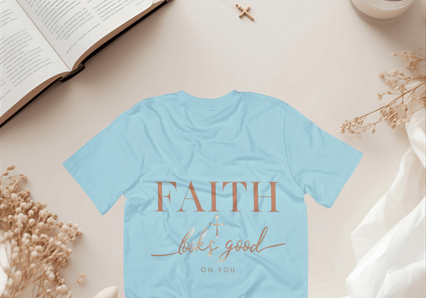 Faith looks good on you tee in Blue Lagoon color with uplifting design on display.