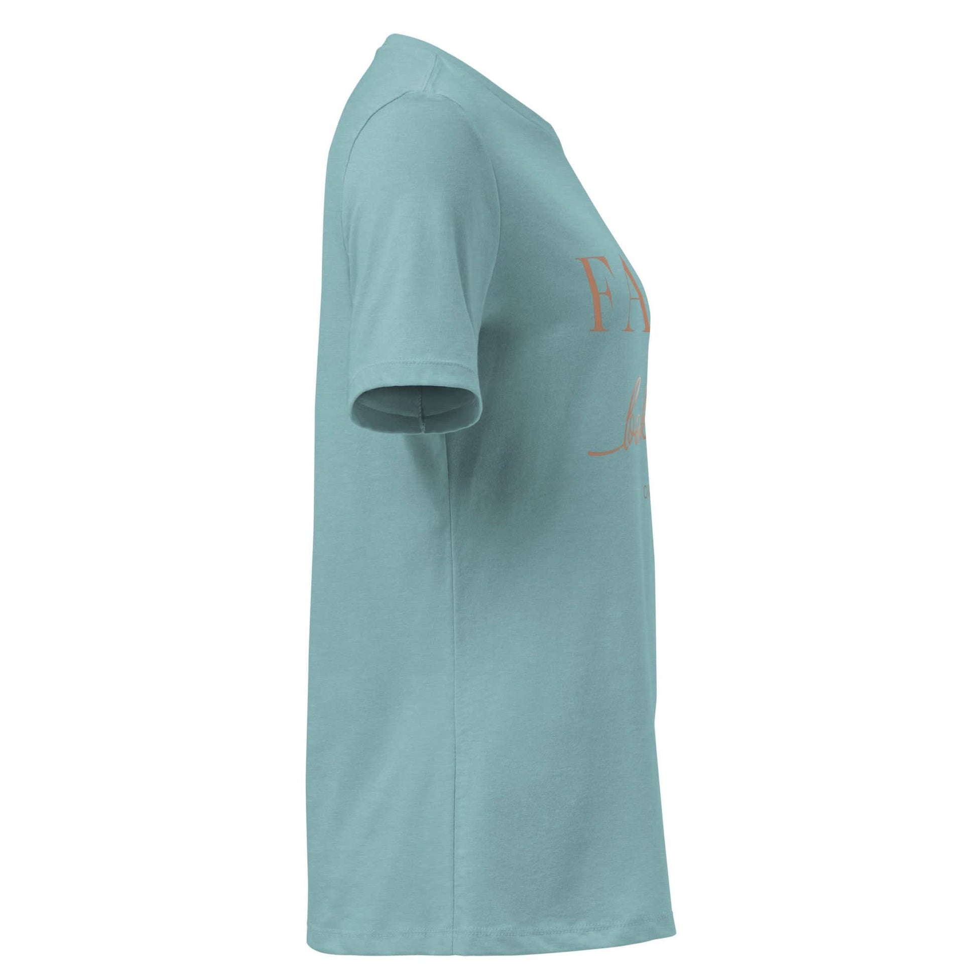 Faith looks good on you tee in Blue Lagoon color, showcasing the inspiring phrase in a modern design.