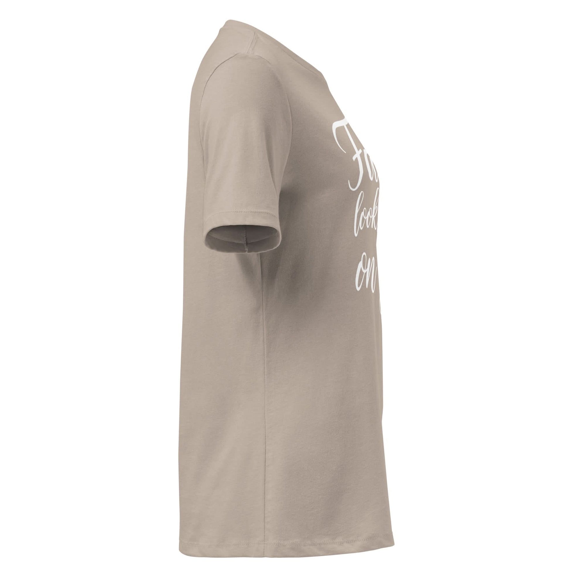 Faith Looks Good on You Tee – White Cursive Edition shown from the side, featuring the phrase in elegant white cursive.