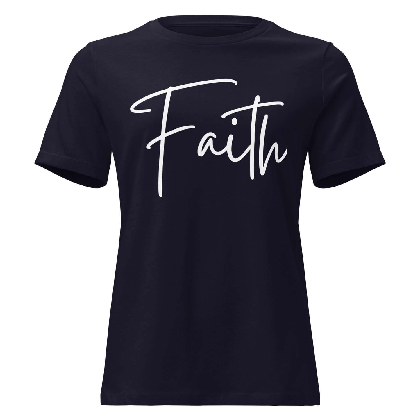 Faith tee featuring the word 'Faith' in elegant white cursive lettering on a dark t-shirt.