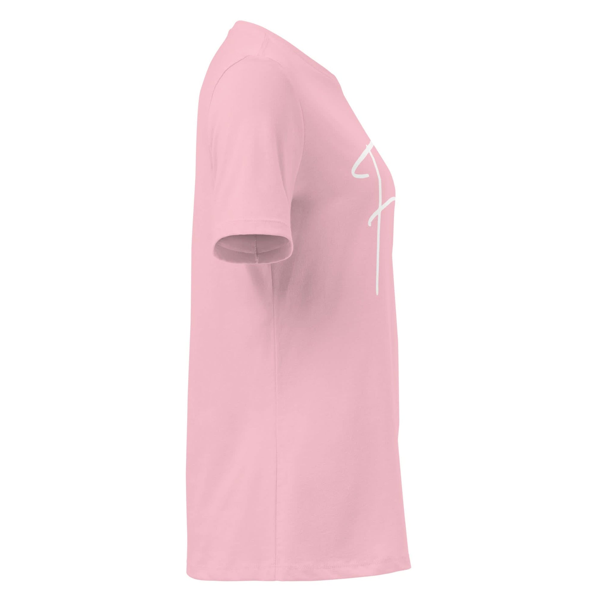 Faith tee in pink with white cursive lettering on the side, perfect for casual outings and expressing faith with style.