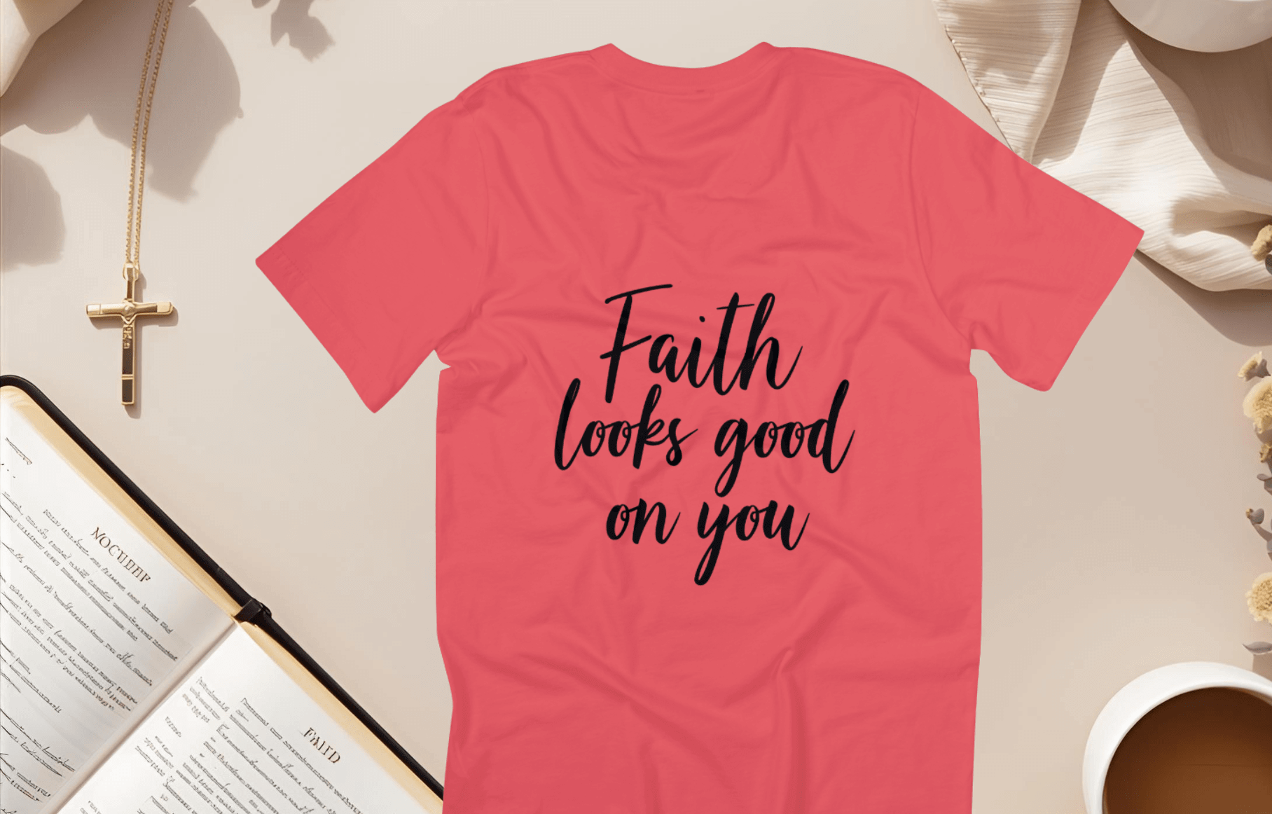 Faith Looks Good on You Tee displayed in coral with cursive text on back, styled with a bible and coffee.