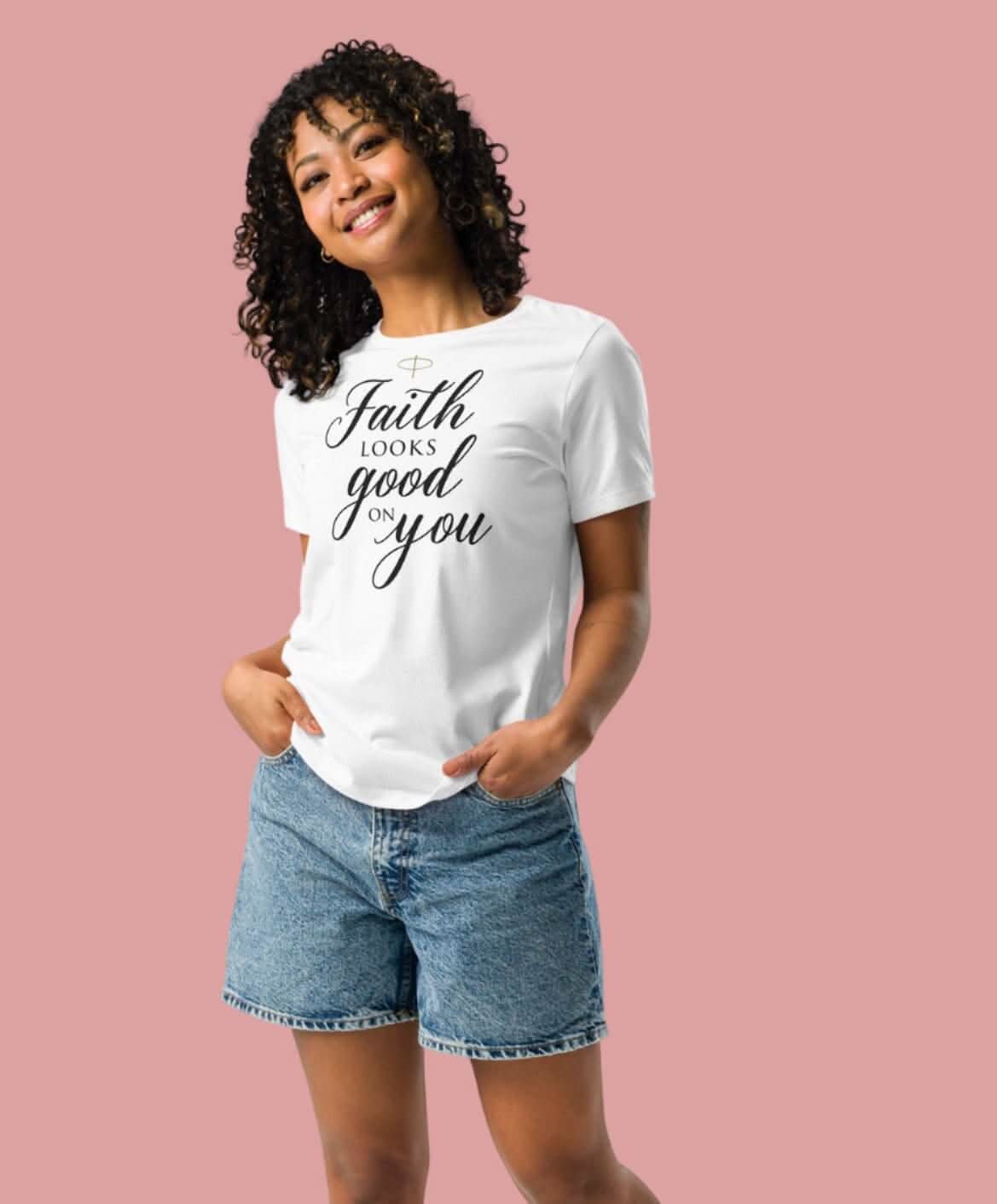 Faith Looks Good On You Tee Model Smiling 