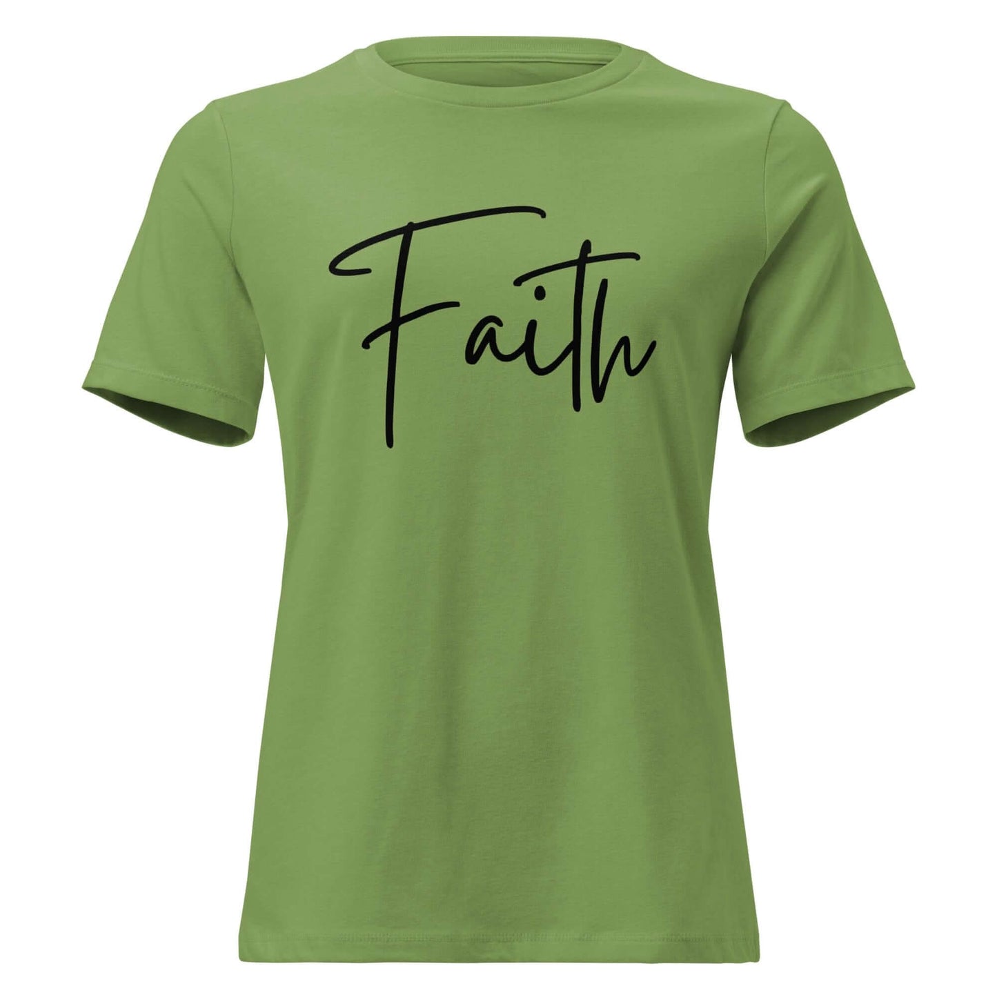 Faith tee in green featuring elegant black cursive lettering of the word 'Faith', perfect for casual wear.