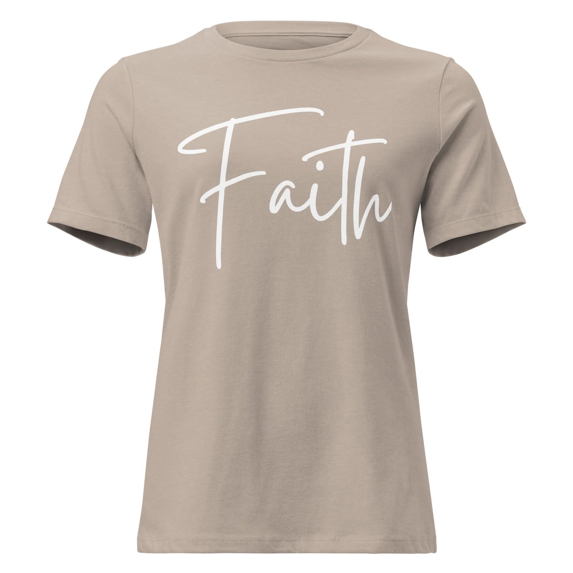 Faith tee in beige with white cursive lettering, expressing message of faith and style.