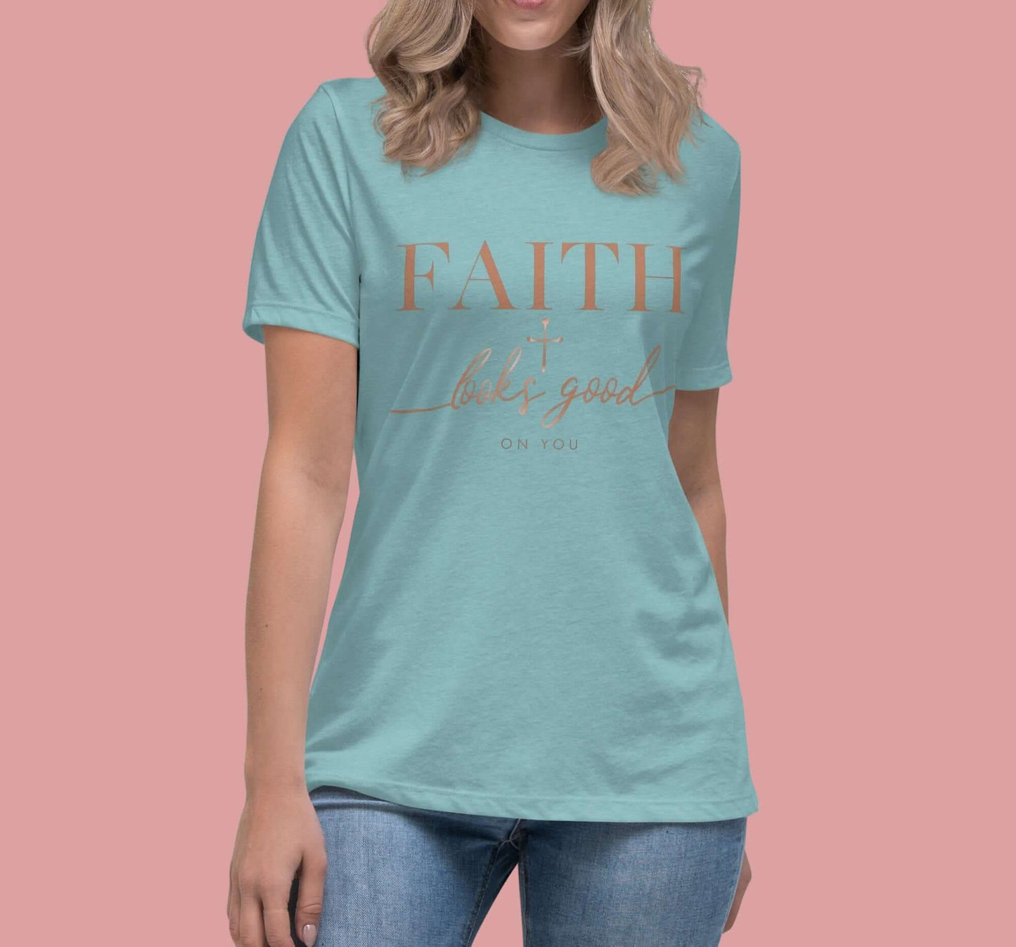 Faith looks good on you tee in Blue Lagoon color, featuring uplifting text design on a woman wearing it.