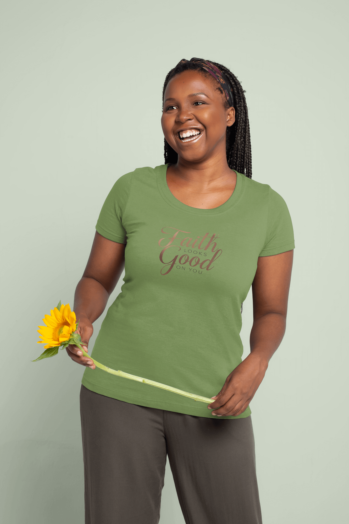 Faith Looks Good on you tee Model Smiling 
