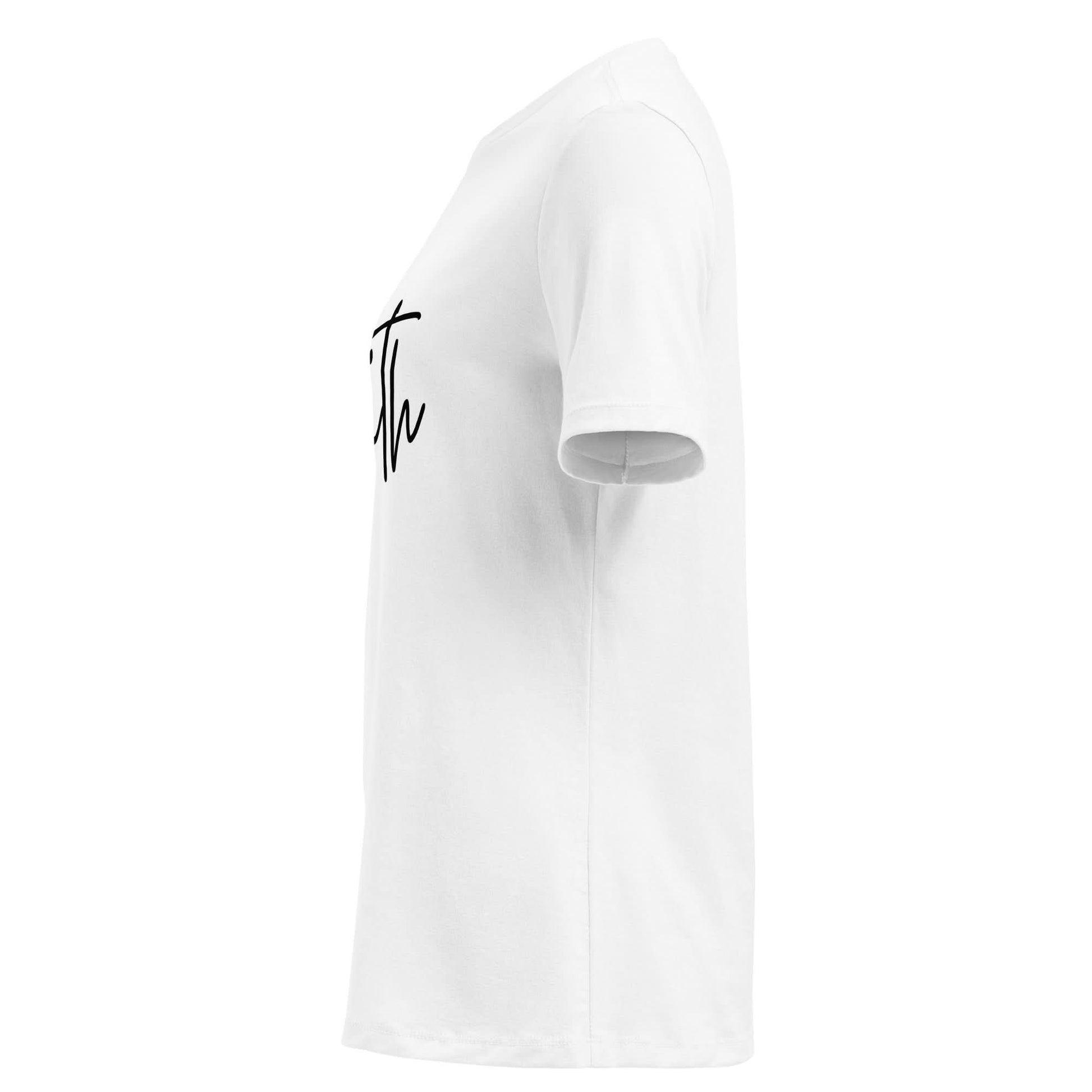 Side view of the Faith tee showcasing elegant black cursive lettering design on a white shirt.