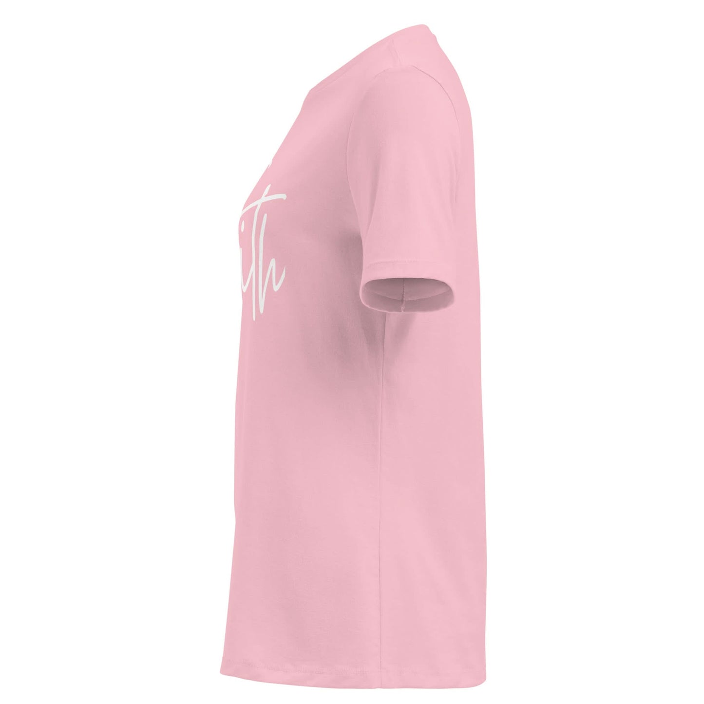 Faith tee in pink with cursive lettering design showcased from the side.