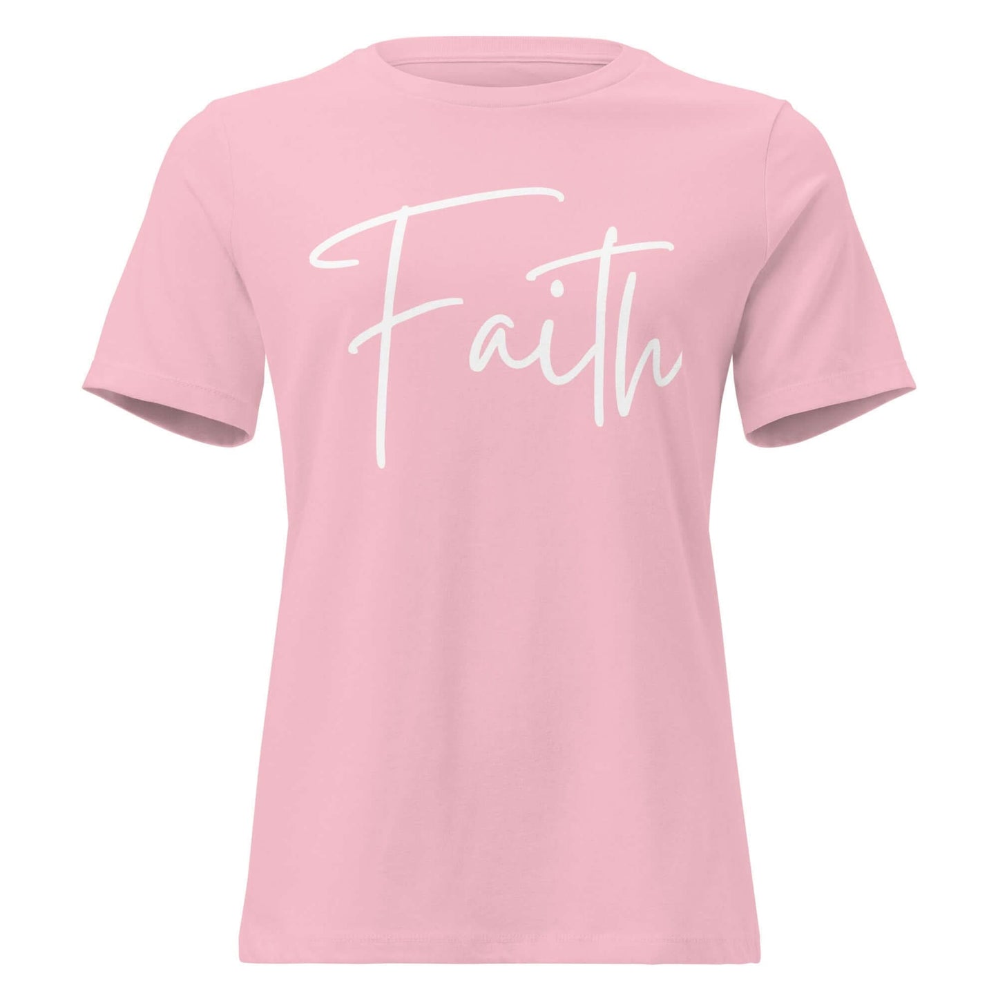 Faith tee in pink with elegant white cursive lettering spelling out 'Faith', perfect for expressing belief and style.