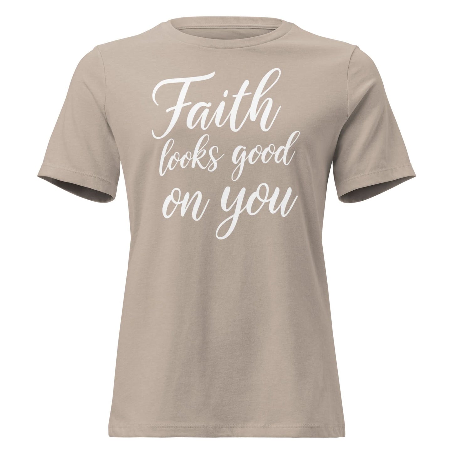Faith Looks Good on You Tee in pink with white cursive lettering promoting faith and style.