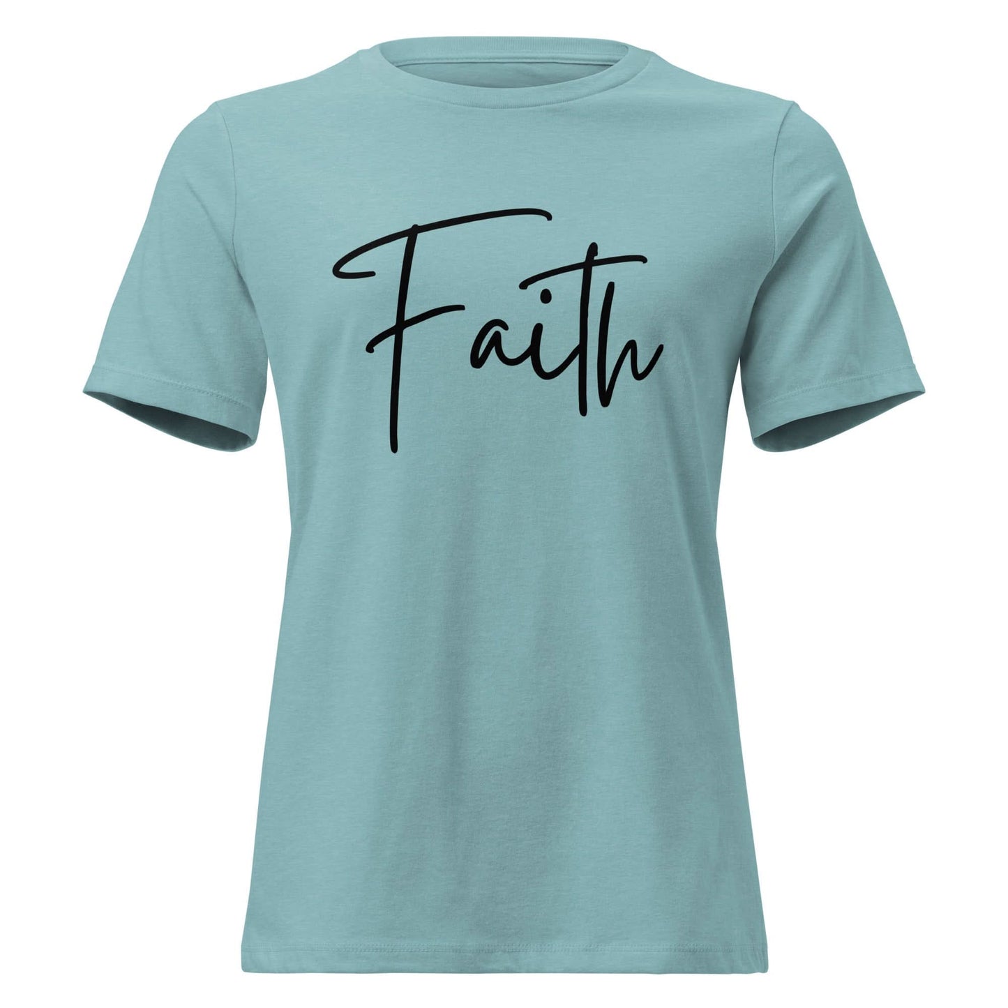Faith tee in blue with elegant black cursive lettering, perfect for casual wear and expressing belief.