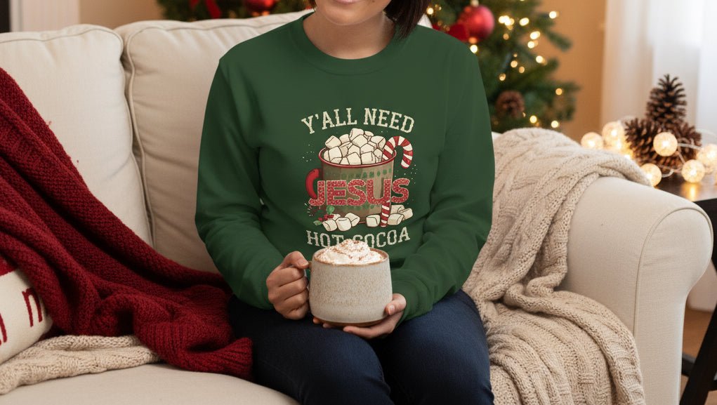 Y’all Need Hot Cocoa and Jesus Sweatshirt – Cozy Faith - Inspired Christmas Sweater - SheWalksInFaith